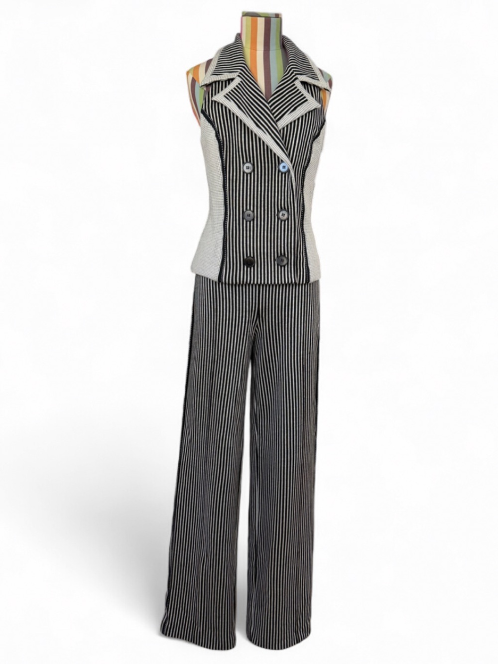 Joseph Ribkoff 2PC Vest & Pant Suit Set Striped & Polka Dot Double Breasted